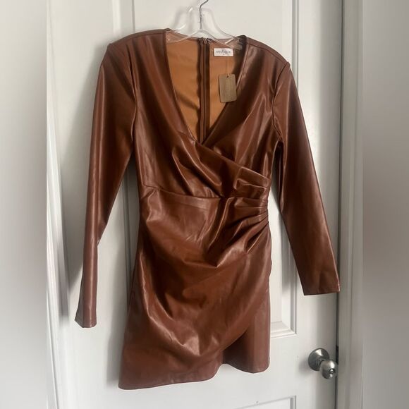 NWT Vestique Tan Faux Leather Wrap Dress | small - Picture 2 of 7